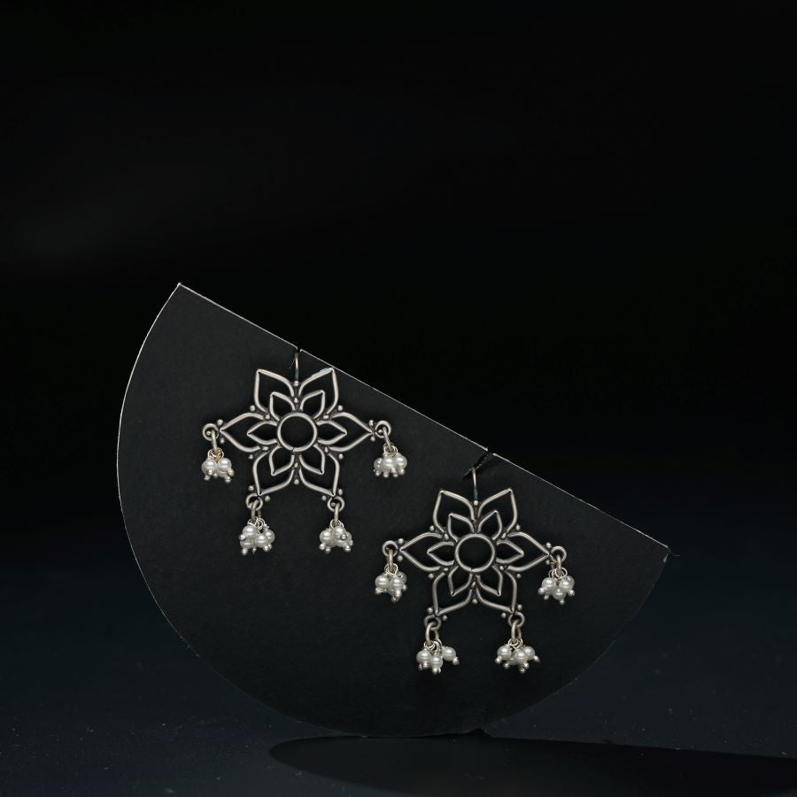 a pair of earrings on a black background