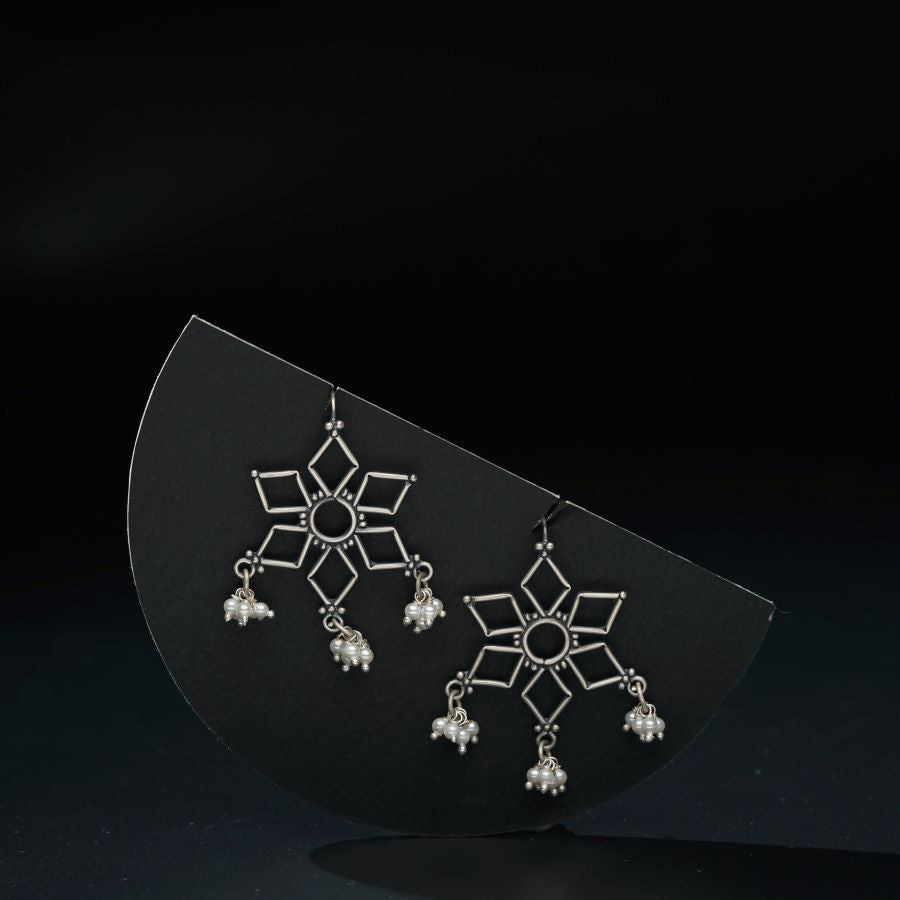 a pair of snowflake earrings on a black background
