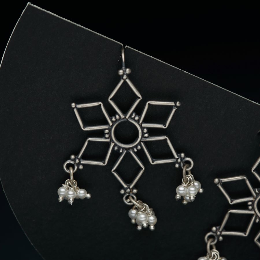 a pair of earrings with a snowflake design