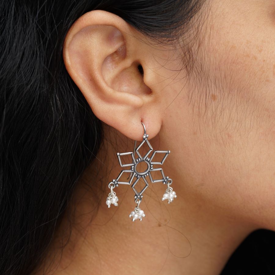 a close up of a person wearing a pair of earrings