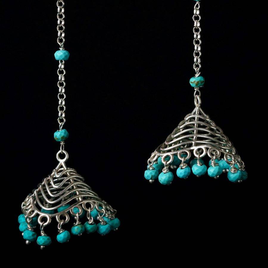 a pair of silver earrings with turquoise beads