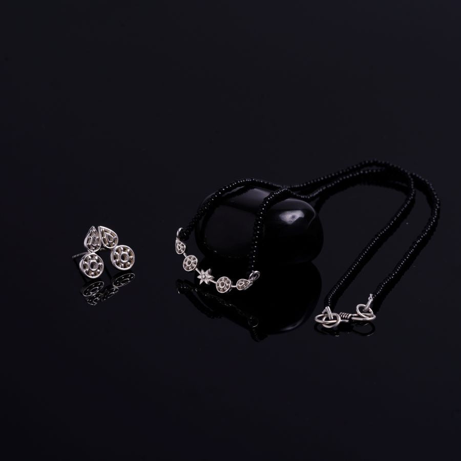 a pair of earrings and a necklace on a black background