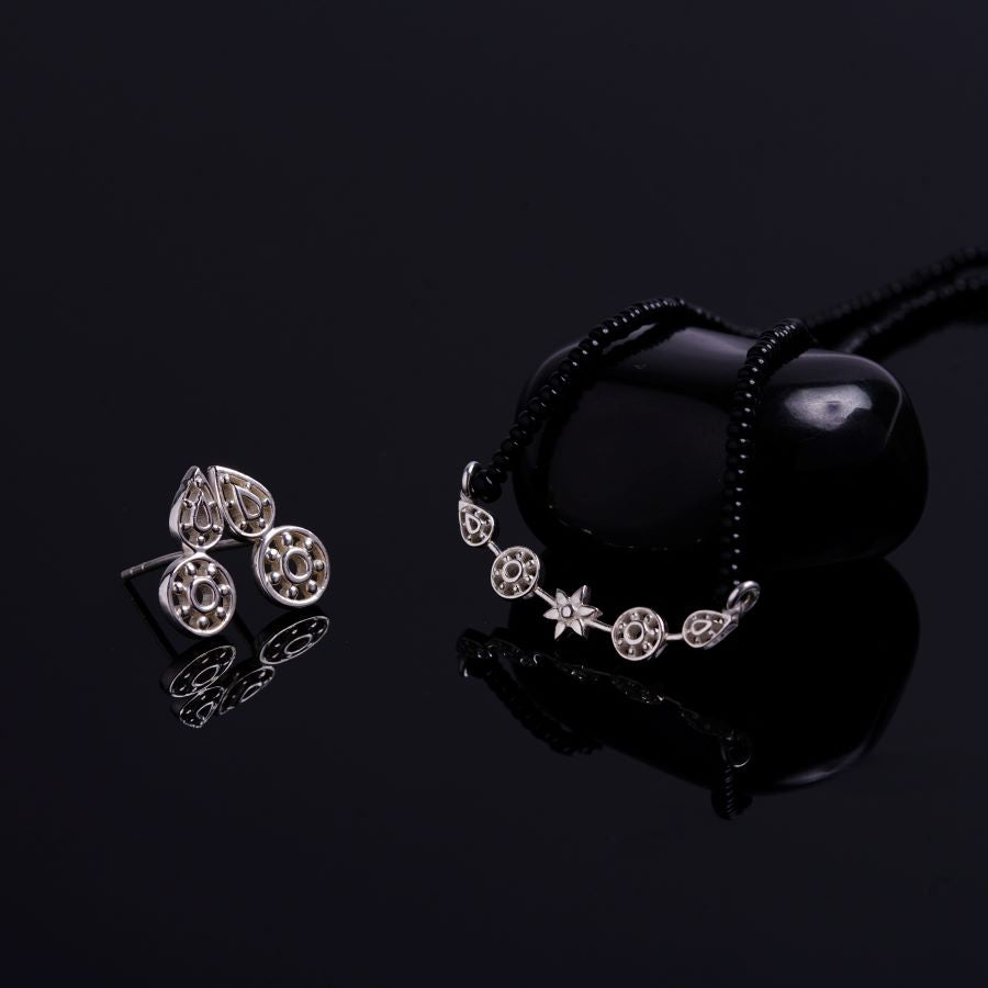 a pair of earrings and a necklace on a black background