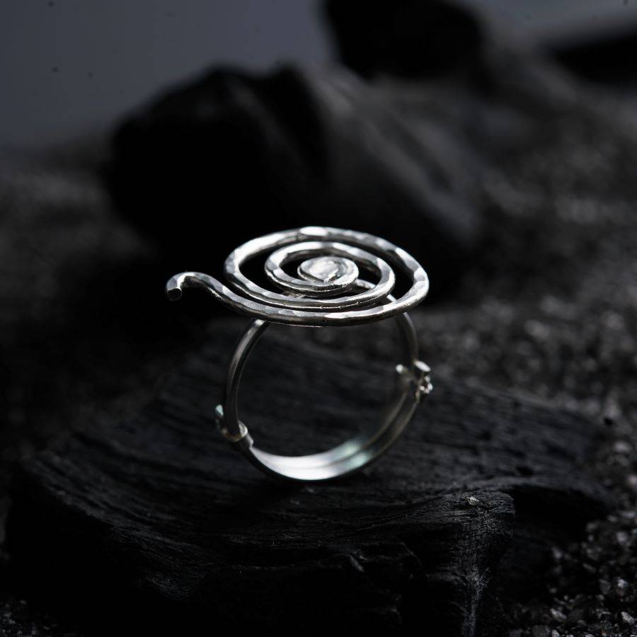 a silver ring sitting on top of a rock