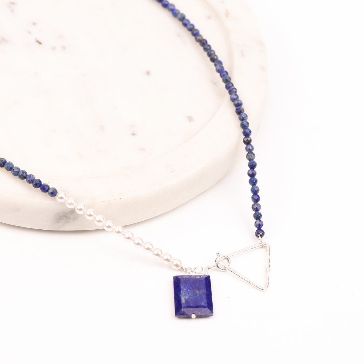 Front Clasp Necklace with Lapis Lazuli & Pearls (Project Handmade)