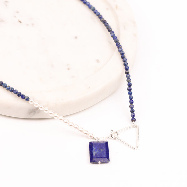 Front Clasp Necklace with Lapis Lazuli & Pearls (Project Handmade)