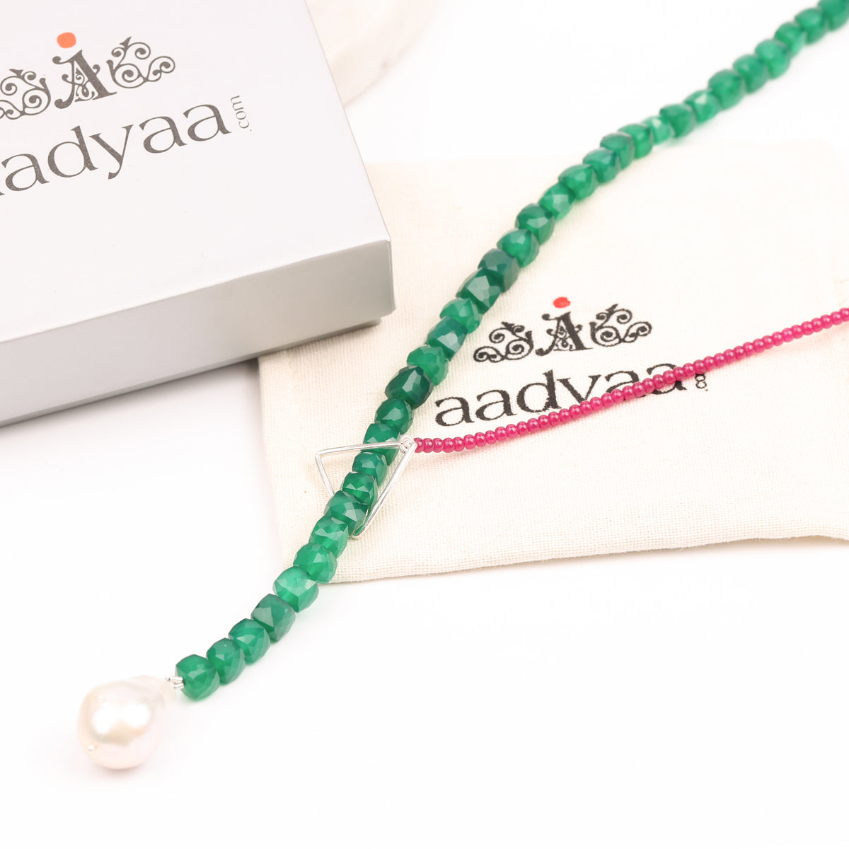 Triangle Slider Necklace with Green Onyx & Rubies (Project Handmade)
