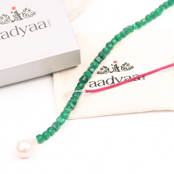 Triangle Slider Necklace with Green Onyx & Rubies (Project Handmade)