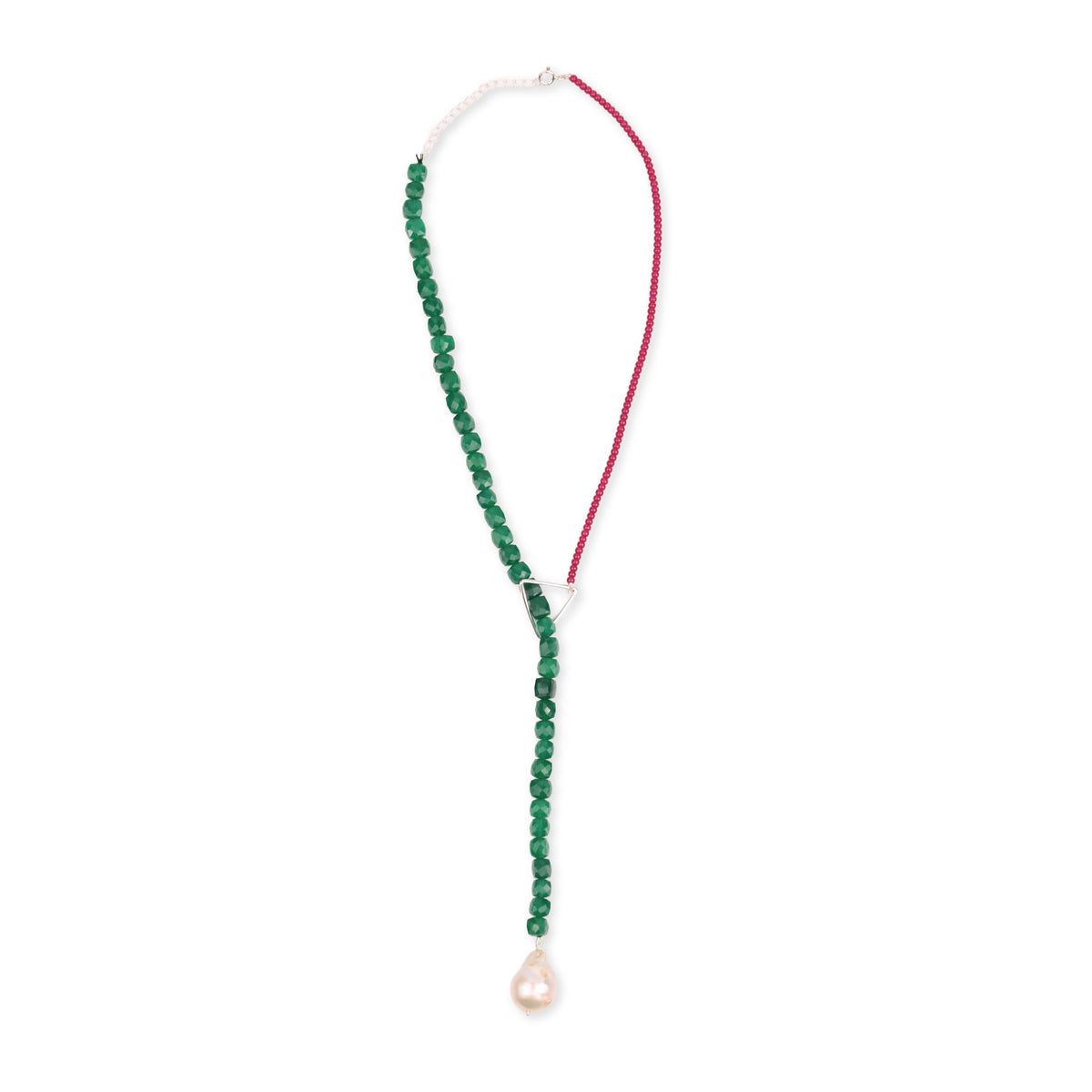 Triangle Slider Necklace with Green Onyx & Rubies (Project Handmade)