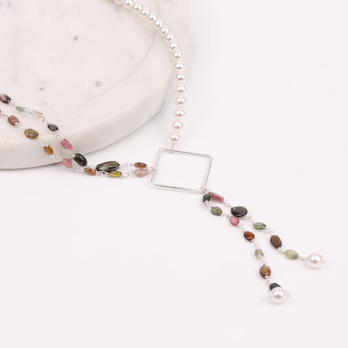 Double-Layered Asymmetrical Necklace with Tourmaline & Pearls (Project Handmade)