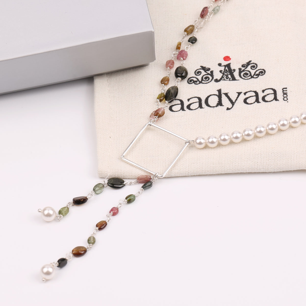 Double-Layered Asymmetrical Necklace with Tourmaline & Pearls (Project Handmade)