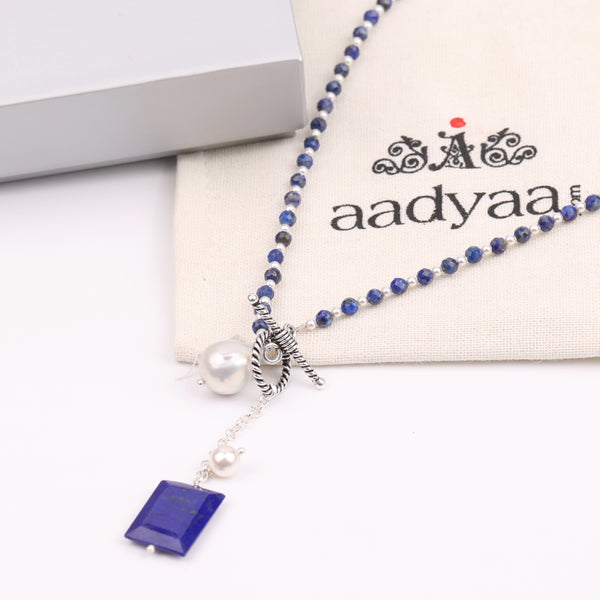 Front Clasp Necklace with Lapis Lazuli & Baroque Pearl (Project Handmade)
