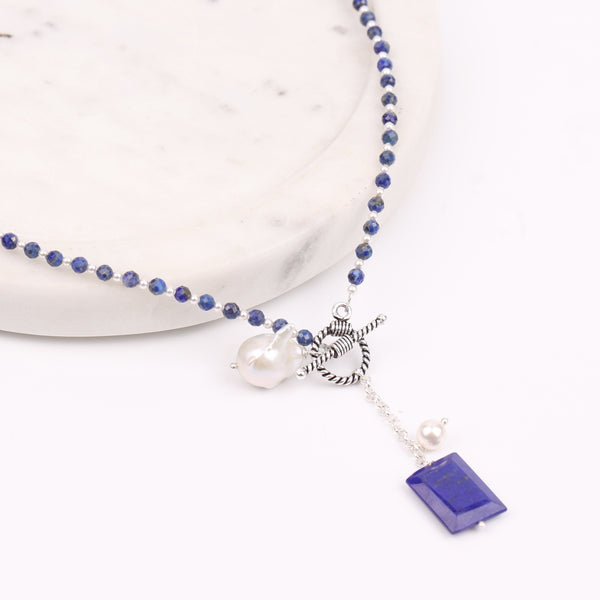 Front Clasp Necklace with Lapis Lazuli & Baroque Pearl (Project Handmade)
