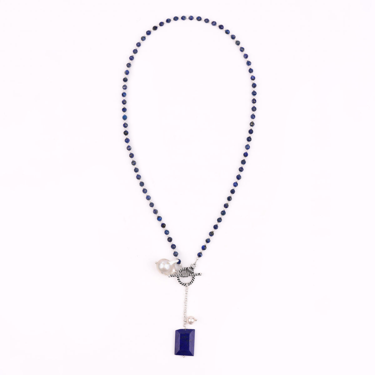 Front Clasp Necklace with Lapis Lazuli & Baroque Pearl (Project Handmade)
