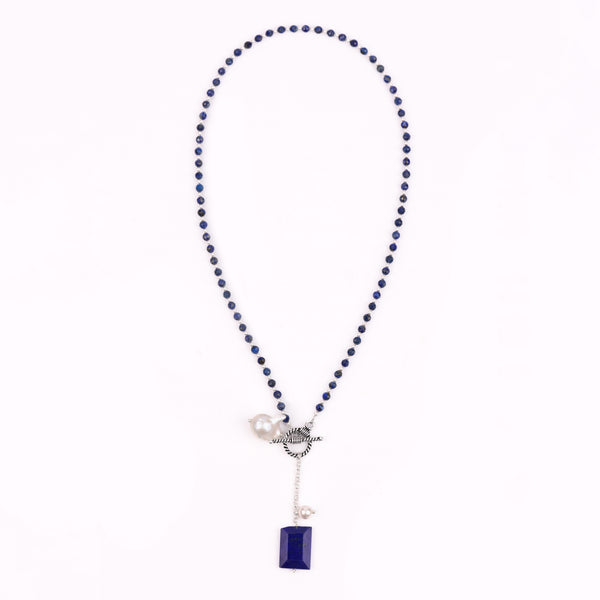 Front Clasp Necklace with Lapis Lazuli & Baroque Pearl (Project Handmade)