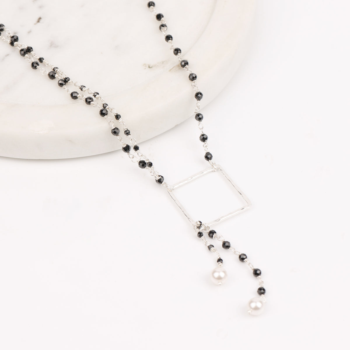 Double-Layered Asymmetrical Necklace with Black Spinel & Pearls (Project Handmade)