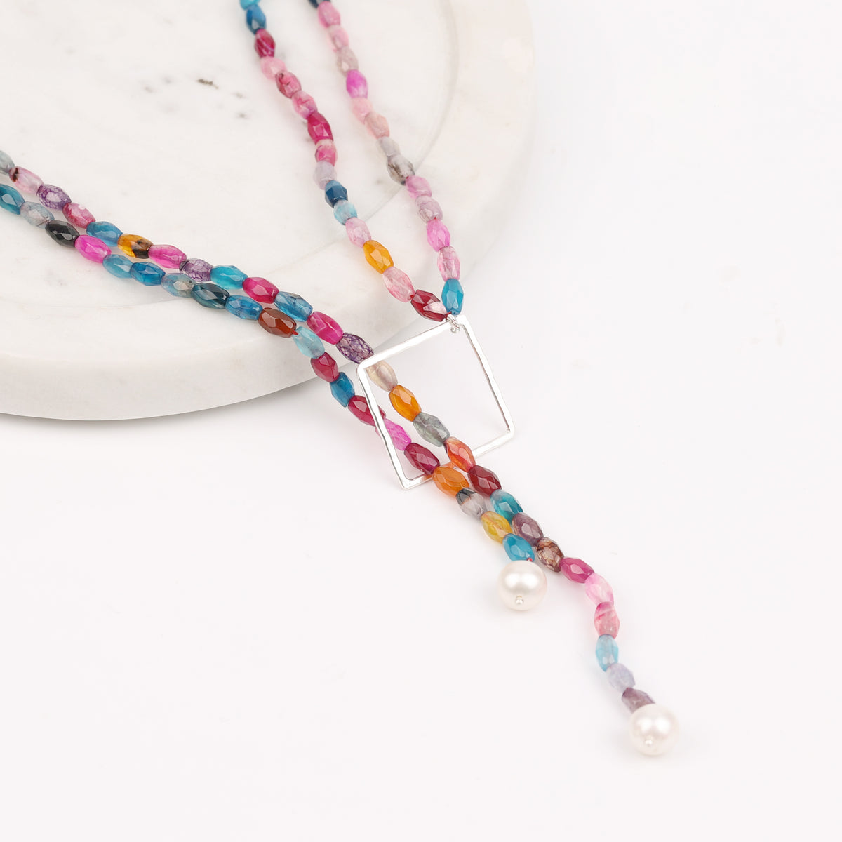 Square Slider Necklace with Multicolour Agate (Project Handmade)