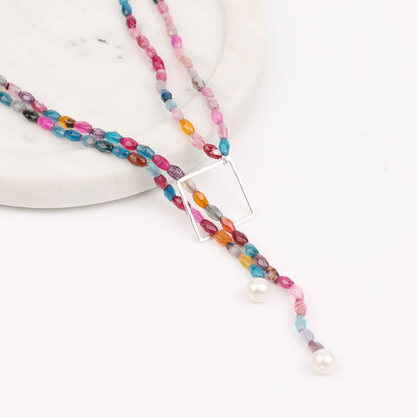 Square Slider Necklace with Multicolour Agate (Project Handmade)