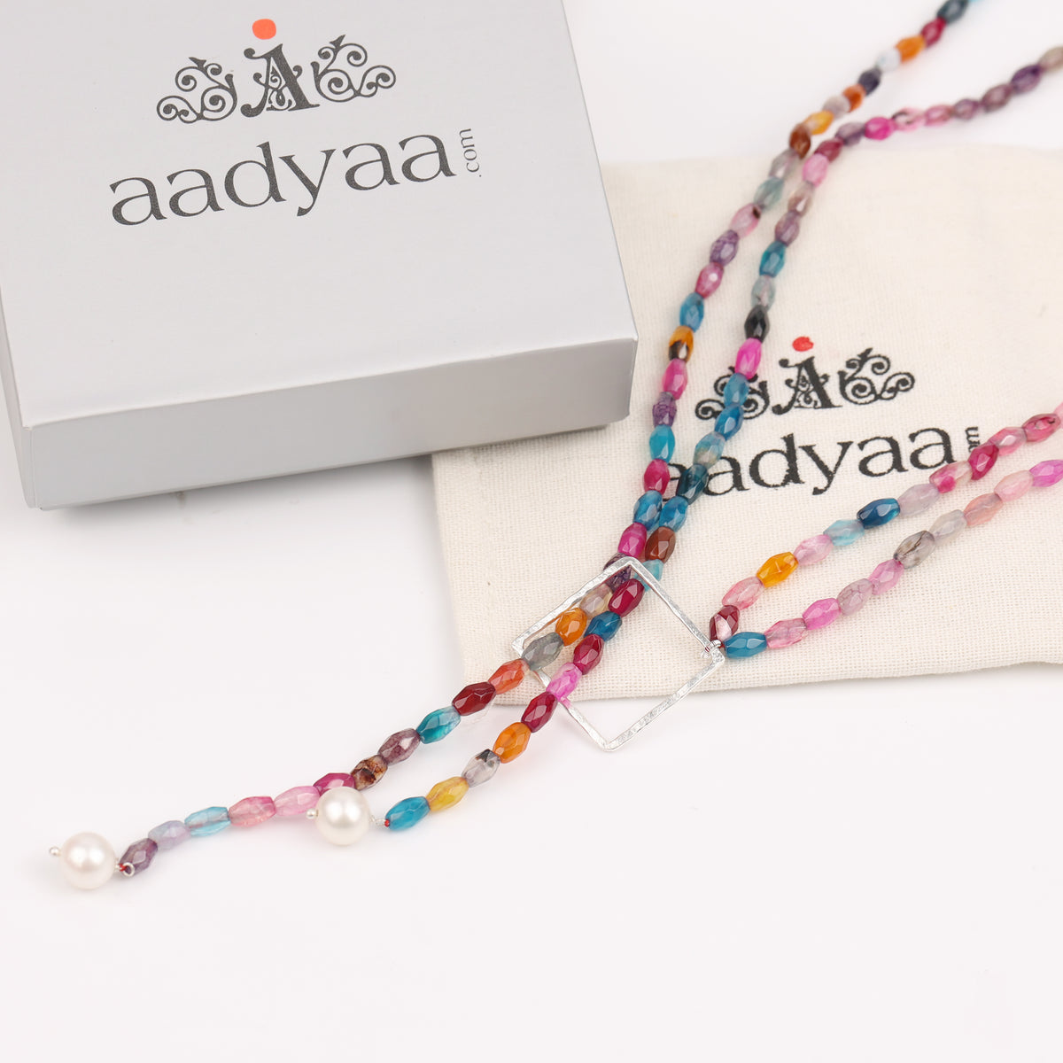 Square Slider Necklace with Multicolour Agate (Project Handmade)