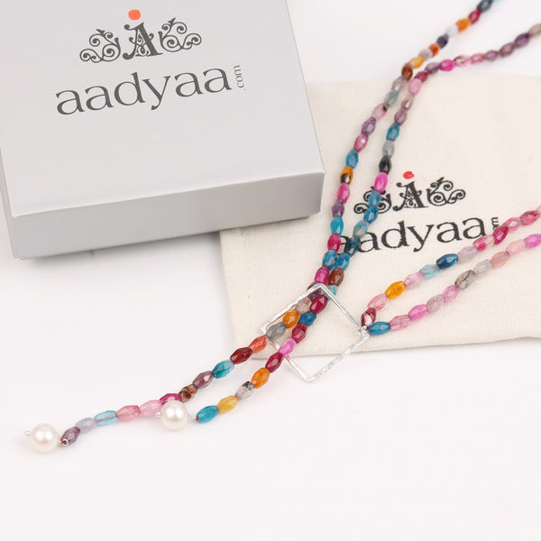 Square Slider Necklace with Multicolour Agate (Project Handmade)