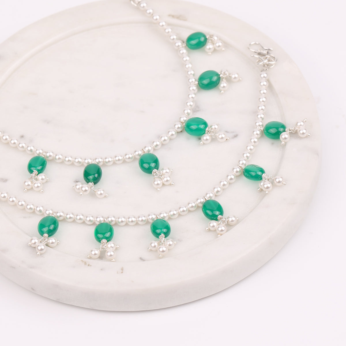 Green Onyx & Pearl Bunch Silver Vel (Project Handmade)
