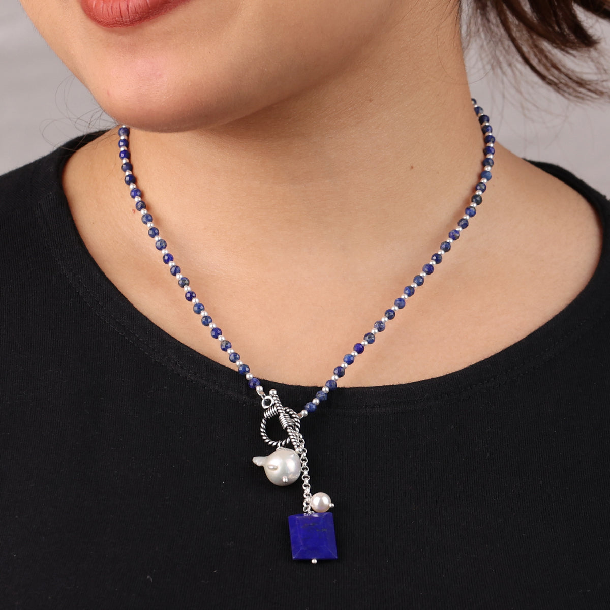 Front Clasp Necklace with Lapis Lazuli & Baroque Pearl (Project Handmade)