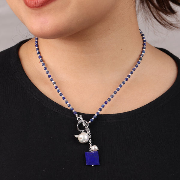 Front Clasp Necklace with Lapis Lazuli & Baroque Pearl (Project Handmade)