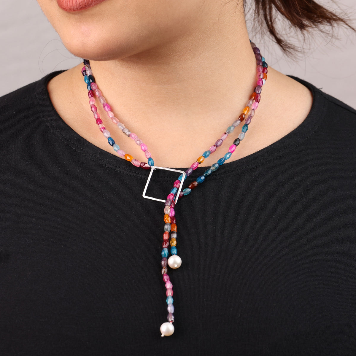 Square Slider Necklace with Multicolour Agate (Project Handmade)