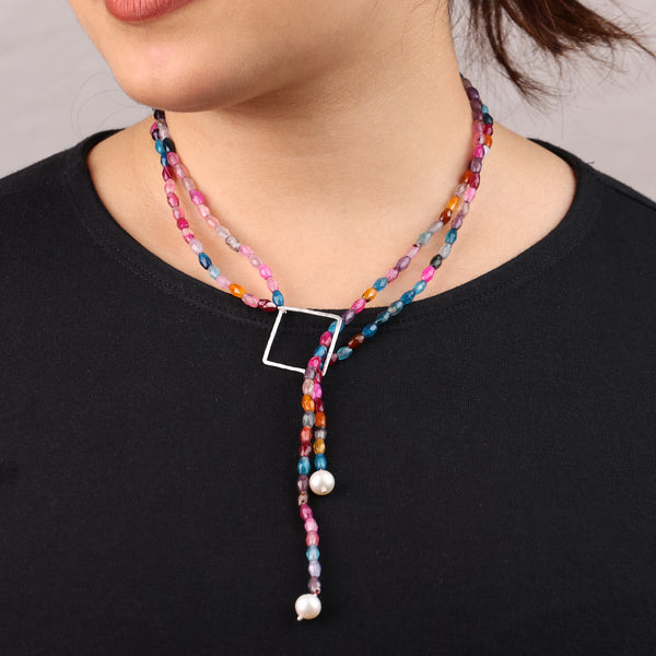 Square Slider Necklace with Multicolour Agate (Project Handmade)