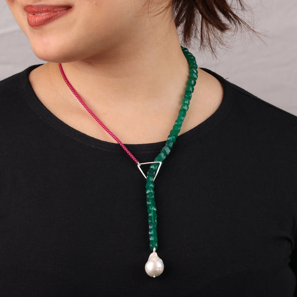 Triangle Slider Necklace with Green Onyx & Rubies (Project Handmade)
