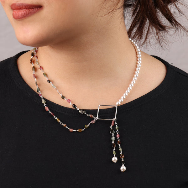 Double-Layered Asymmetrical Necklace with Tourmaline & Pearls (Project Handmade)