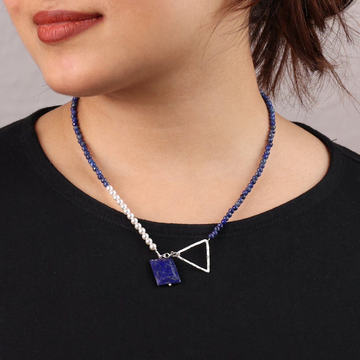Front Clasp Necklace with Lapis Lazuli & Pearls (Project Handmade)