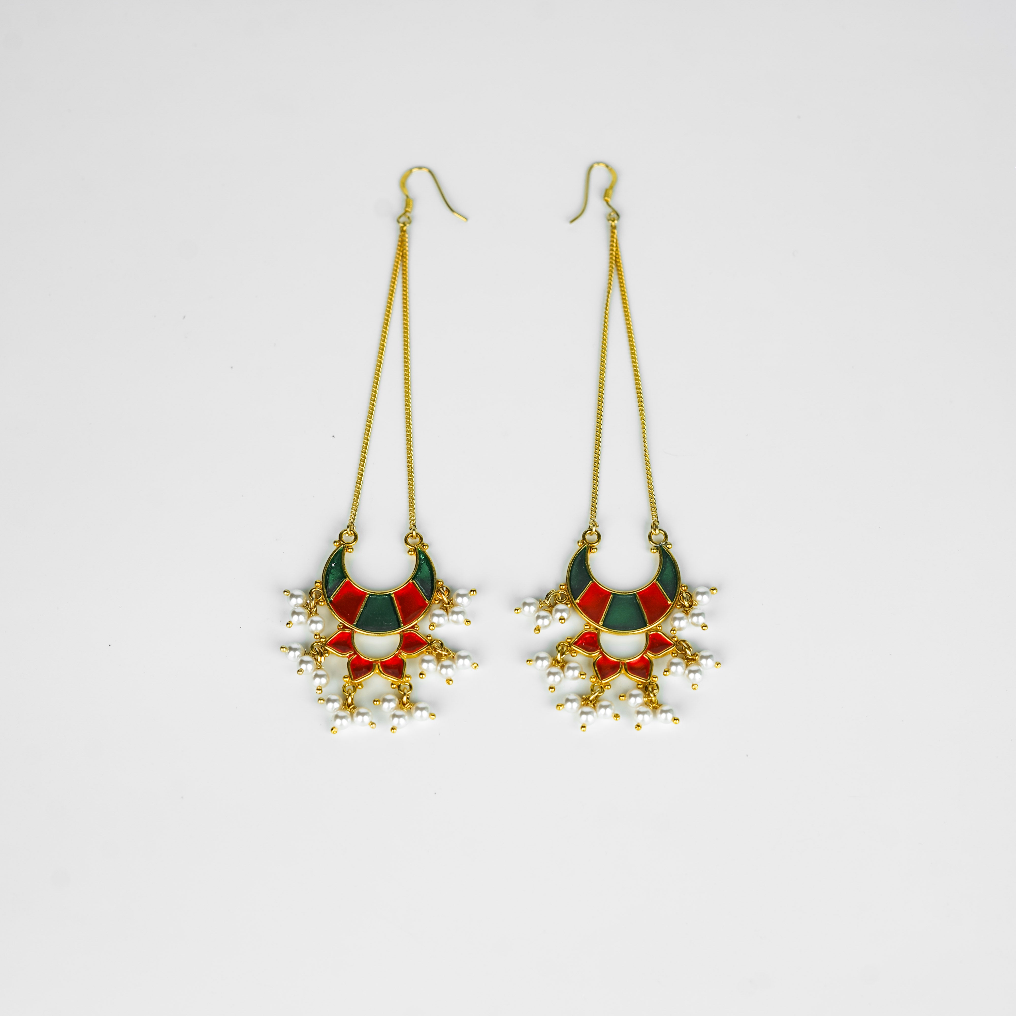 Silver Long Earrings with Meena and Pearls | 92.5 Silver | 22K Gold Plated