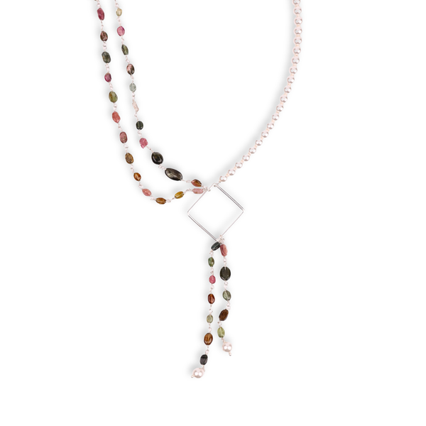 Double-Layered Asymmetrical Necklace with Tourmaline & Pearls (Project Handmade)