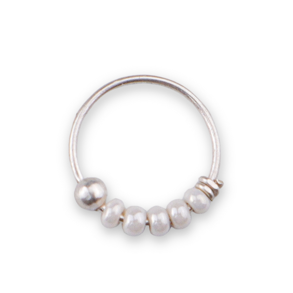 Silver Septum Cum Nose Ring with White Bead (Pierced)