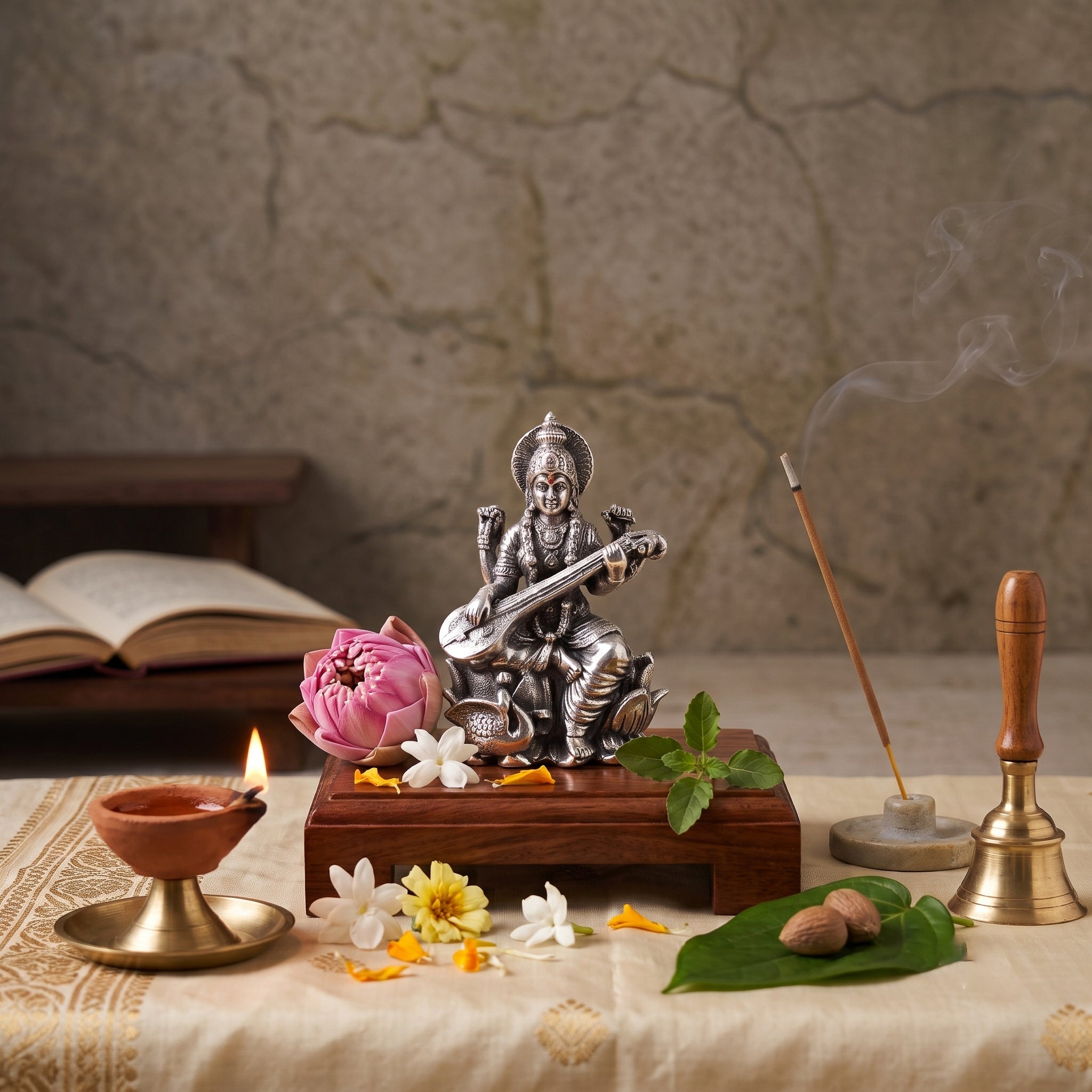 Oxidised Silver Saraswati Idol