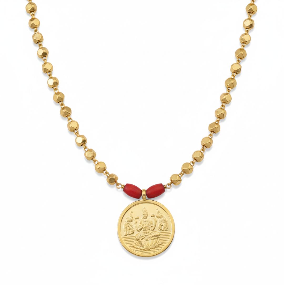 Silver Coin Necklace with Silver Beads (Gold Plated) - Ashtapailu ( Multifaceted ) beads