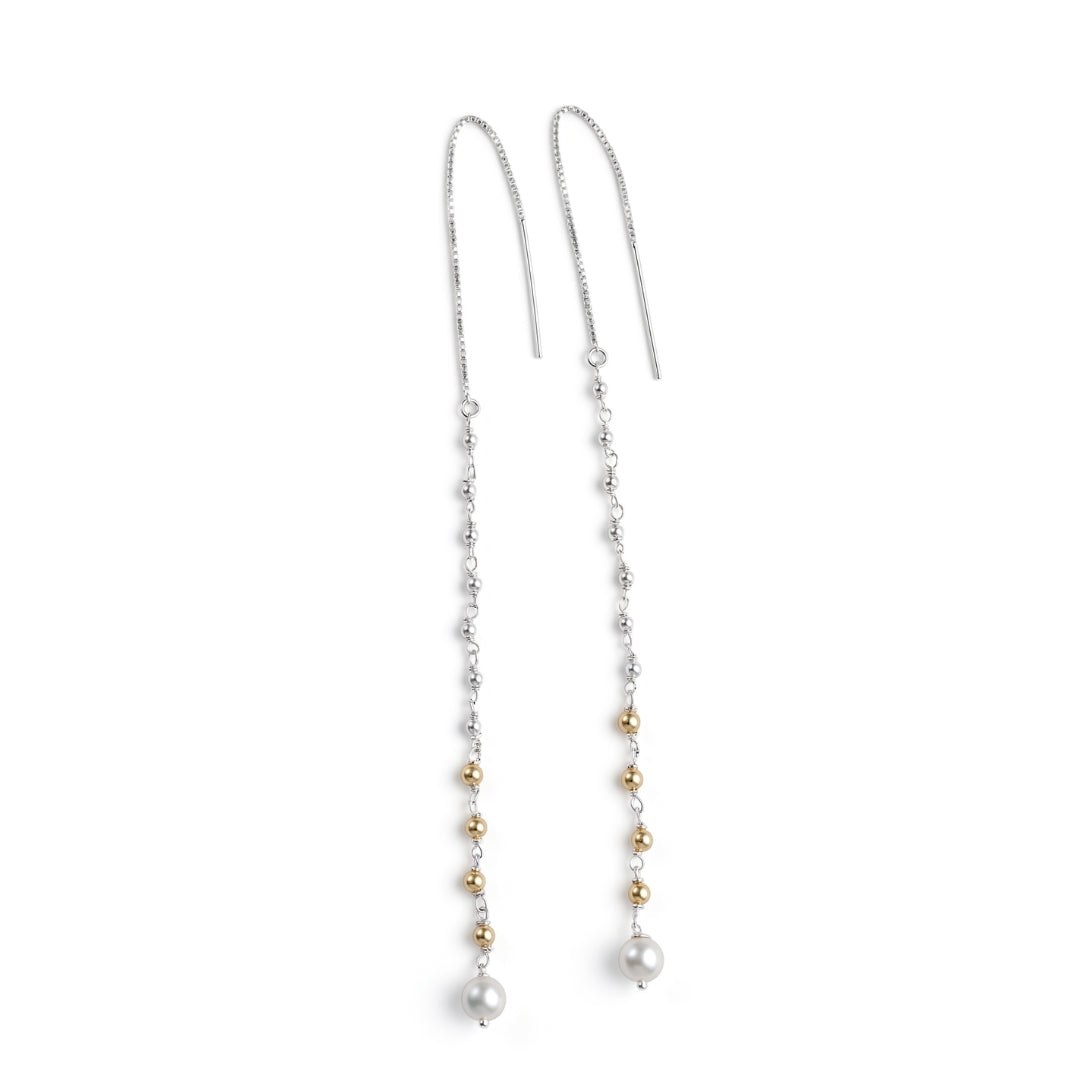 Golden & White Pearl Ganthan Sui Dhaga Earrings (Project Handmade)