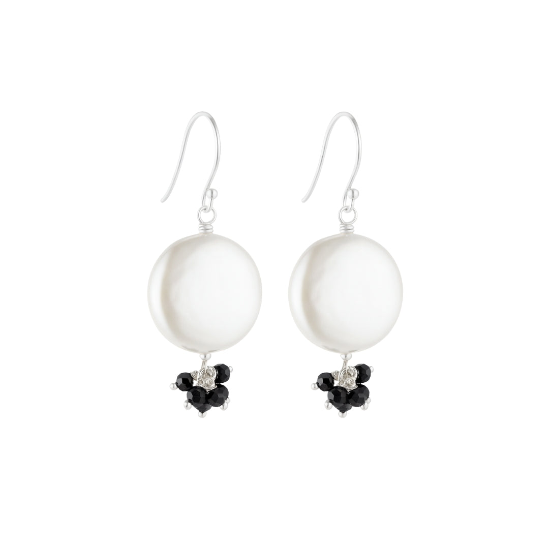 Coin Pearl Earrings with Black Spinels
