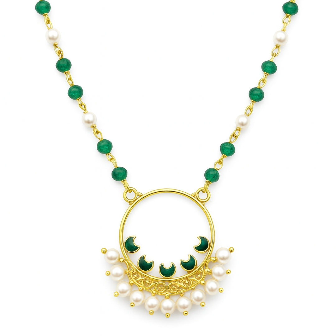 Gold plated Meena pendant necklace with ganthan of pearls and green onyx | 92.5 Silver | 22k Gold plated