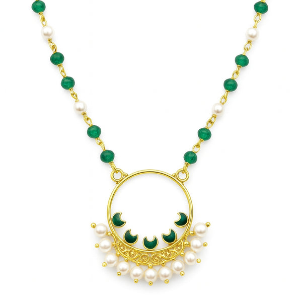 Gold plated Meena pendant necklace with pearls and green onyx, silver base, traditional jewelry