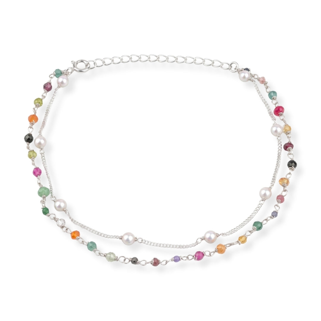 Multicolor Stone Ganthan & Pearl Chain Anklet (Project Handmade)
