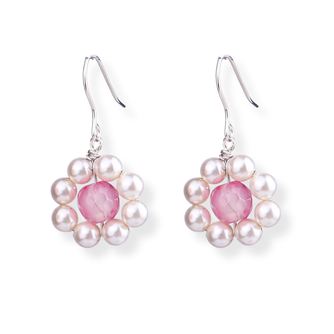 Pink Agate & Pearl Silver Earrings (Project Handmade)