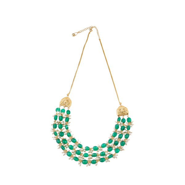 Gold necklace with green onyx and pearl bunches for jewelry