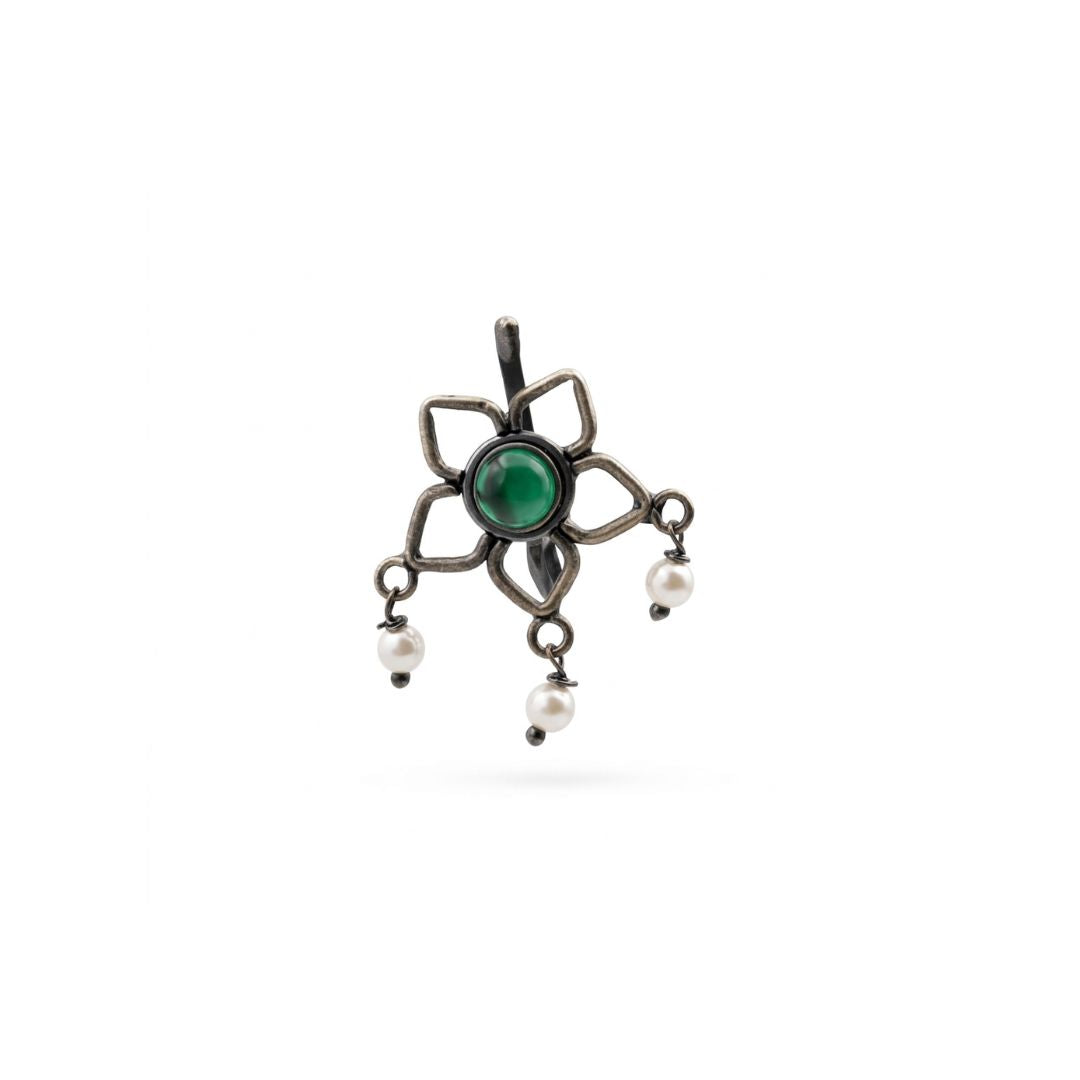 Oxidised Green Flower Clip-On Nose Pin (Large)