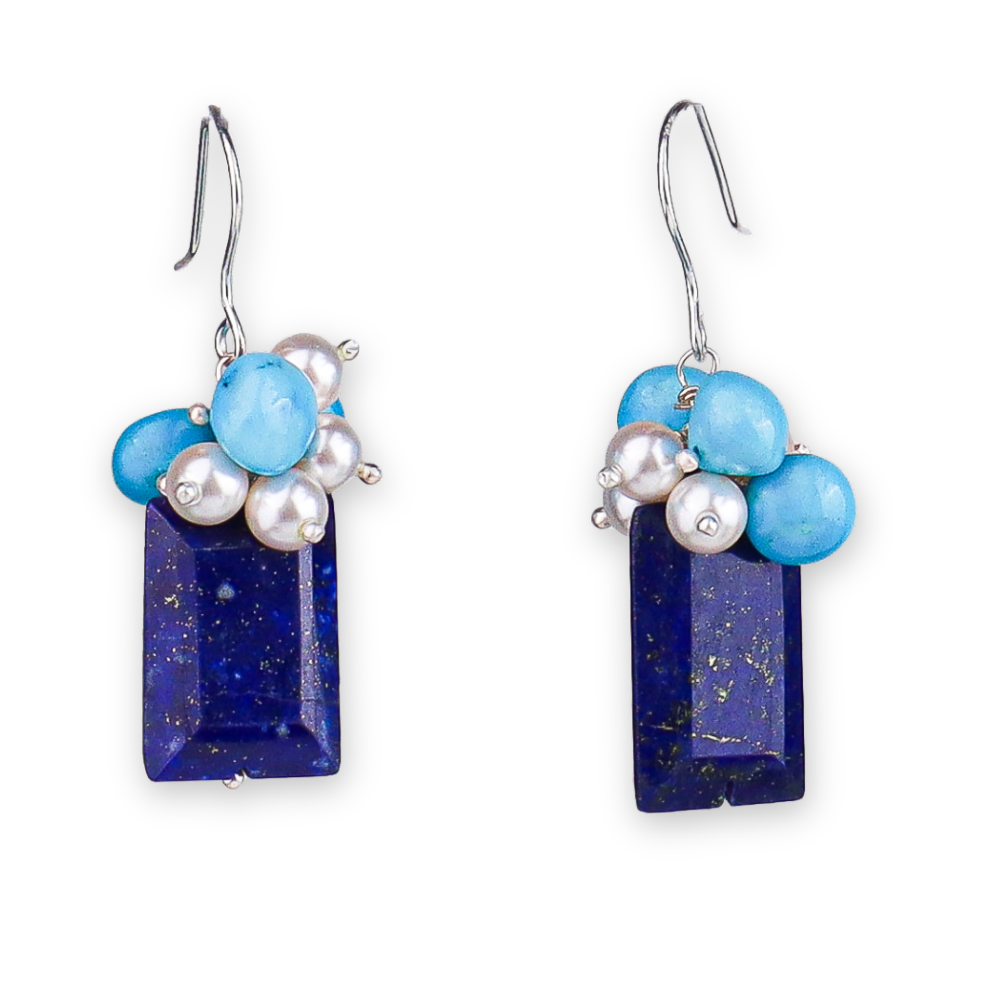 Lapis Chiclets, Arizona Turquoise & Pearl Silver Earrings (Project Handmade)