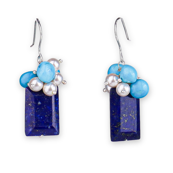 Lapis Chiclets, Arizona Turquoise & Pearl Silver Earrings (Project Handmade)