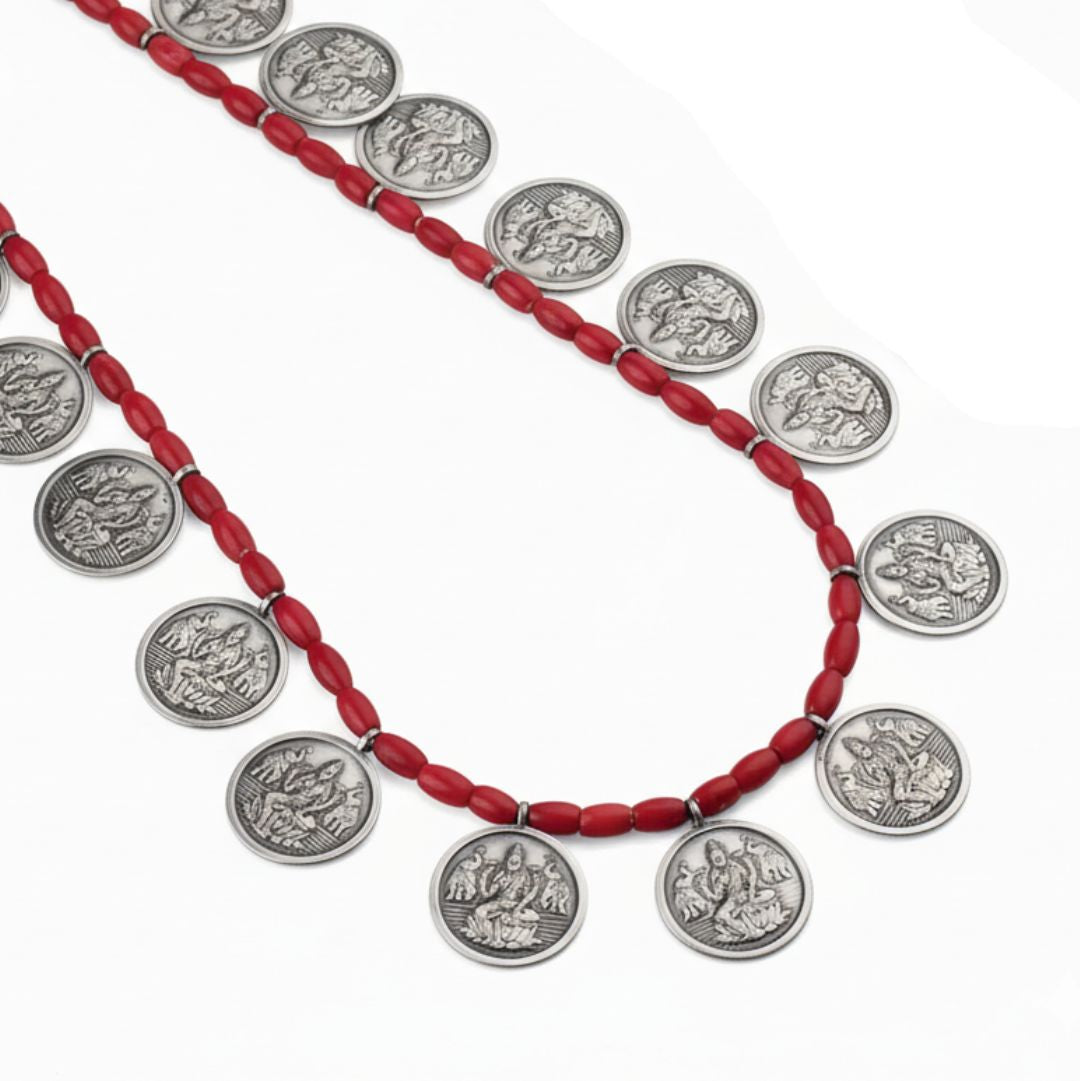 Coral Putali Coin Haar Set: Long ( Coin necklace ) | 92.5 Silver | Oxidised Finish