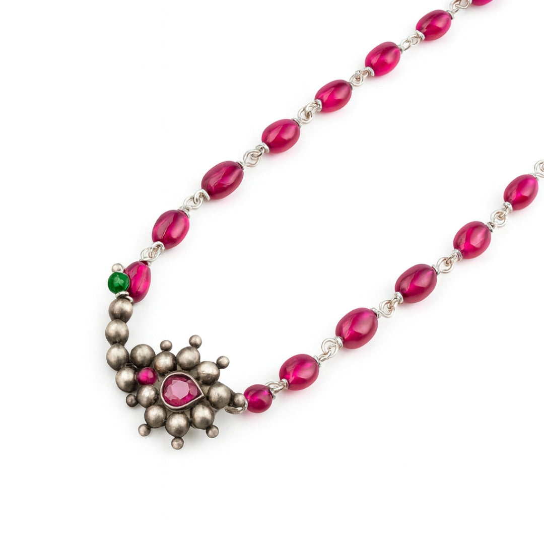 Silver Nath Motif Necklace with Ruby Stones