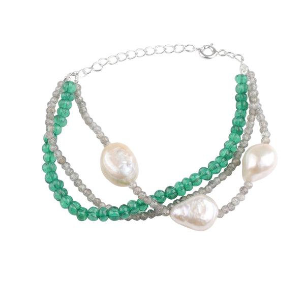Green Onyx, Labradorite & Freshwater Pearl Silver Bracelet (Project Handmade)